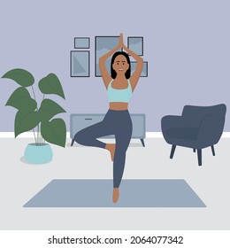 Ilustración plana vectorial. Niña haciendo yoga, deportes en casa
