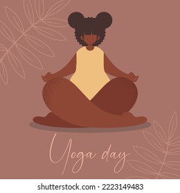 	
Ilustración plana vectorial. La chica está haciendo yoga. Día Internacional del Yoga. Postal cuadrada, afiche. Colores pasteles.	
