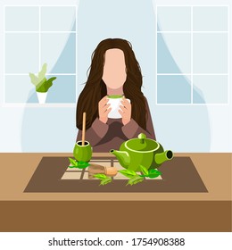 Vector flat illustration with a girl drinking match tea. Tea ceremony
