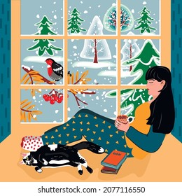 Vector flat illustration with a girl drinking tea on the windowsill, a cat, books and landscape outside the window. A cozy environment with hand drawn characters, trees and a bird.Winter background.