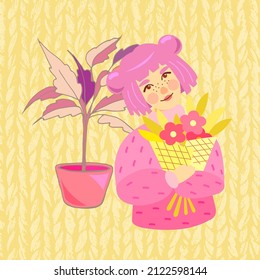 ilustración plana vectorial de una niña con una flor