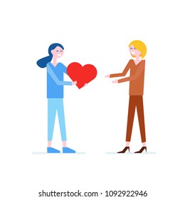 Vector flat illustration. Girl giving love red heart to woman. Daughter and mother. Mother's Day, birthday, declaration of love. Symbol of love, gratitude and friendship. Donation concept