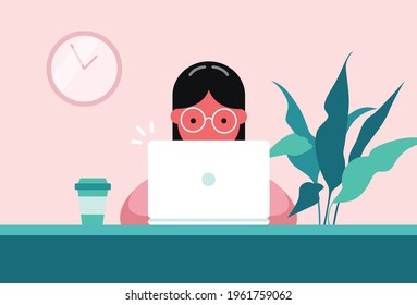 Vector flat illustration of girl with glasses working on her laptop, home office, online education, office workplace