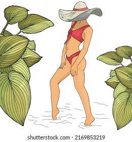 Vektorflache Illustration eines Mädchens in einem Hut mit tropischen Blättern. Junge Mädchen auf weißem Hintergrund. Design für Postkarten, Poster, Hintergründe, Textilien, Vorlagen, Avatare.