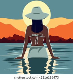 Vector flat illustration of a girl in a hat in the summer on vacation on the beach swims in the sea and poses against the background of the sunset