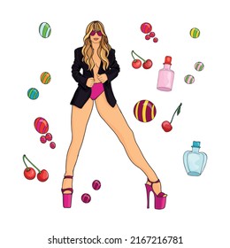 Vector flat illustration of a girl in high heels. A young girl with long hair, perfume, sweets, cherries. Design for postcards, posters, backgrounds, textiles, templates, avatars.