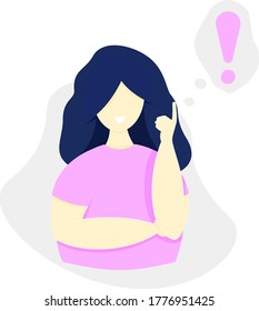 Vector flat illustration. Girl with index finger at the head remembering something, with an exclamation mark at the head, concept of a new idea