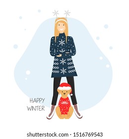Vector Flat Illustration of Girl with Labrador Dog in Ugly Sweaters and Santa Hat for Christmas and New Year Party. Template for Greeting Card, Postcard, Invitation in Cartoon Style. Cute Banner