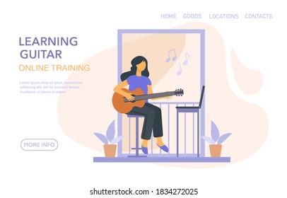 Vector flat illustration of girl learning online to play the guitar with a laptop at home. Guitar player sitting on stool on balcony. Concept of learning music at home. Hobby. Landing  page, banner