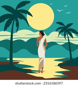 Vector flat illustration of a girl in a light white dress on vacation on the beach walking along the shore beach sea breeze sand sea beautiful sunset and palm trees