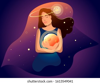 vector flat illustration a girl with long natural hair holds the moon in her hands against the starry sky in space