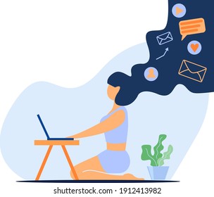 Vector flat illustration of a girl with long hair, with smart thoughts, working at home, programming, remote work, freelancing,business via the Internet. Illustration for design,web design,web banners