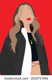 Vector flat illustration of a girl with long hair in a big jacket. A young girl on a red background. Design for cards, posters, backgrounds, textiles, templates, avatars.