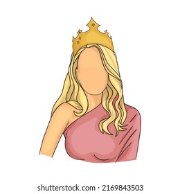 Vector flat illustration of a girl with long hair and a crown. Young girl on a white background. Design for postcards, posters, backgrounds, textiles, templates, avatars.