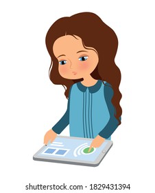 Vector flat illustration of girl looking at laptop isolated on white background