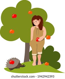 Vector flat illustration of a girl in a meadow with a red apple in his hand looks at a hedgehog. Summer, green tree with a harvest of red apples