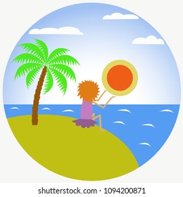 Vector flat illustration of a girl on an island and sunset 