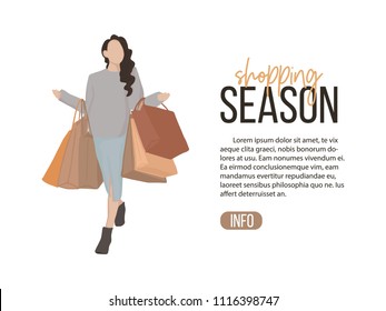 Vector flat illustration: girl on shopping. Young stylish woman with lot of bags art.  Modern weekend relax clipart. Web app mockup with cute casual lifestyle illustration.