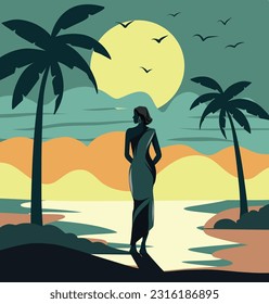Vector de ilustraciones planas niña de vacaciones en la playa caminando a lo largo de la playa de la orilla brisa marina arena mar hermosa puesta de sol y palmeras