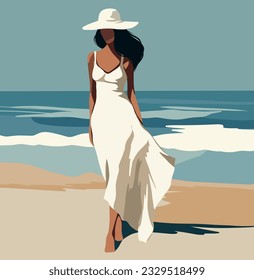 Vector flat illustration. Girl on vacation on the beach in a white dress with a hat. No face. Tanned girl. Walk on the sea