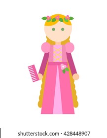 Vector flat illustration of girl in pink dress. Element for design on white background. Yellow, pink, green colors.