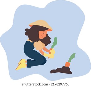 Ilustración plana vectorial. La chica planta zanahorias. El concepto de trabajo agrícola. Dibujando sobre un fondo azul.
