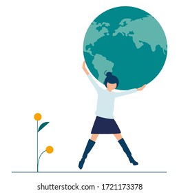 Vector flat illustration, girl prepare for the day of the Earth, save the planet, save energy, the concept of the Earth day.