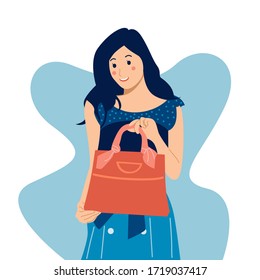 Vector flat illustration of girl shopping. Discount sale, online order, flash sale, online store concept vector background