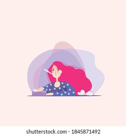 Vector flat illustration, girl is sick with the flu and sneezes with temperature.