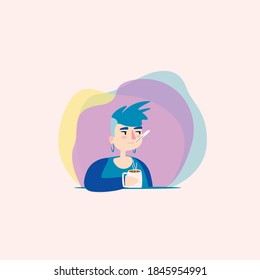 Ilustración vectorial plana, la niña está enferma con la gripe y estornuda con la temperatura, sujete en la mano taza de té caliente