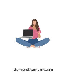 Vector flat illustration with girl sitting working on laptop computer 