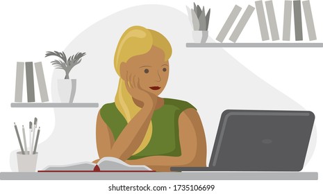 Vector flat illustration of a girl sitting at a table doing homework at an online laptop computer while reading a book. It works on a computer remotely.