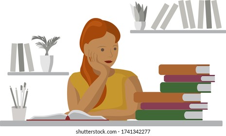 Vector flat illustration of a girl sitting at a table doing her homework on a textbook, reading a book, a pile of textbooks lies nearby