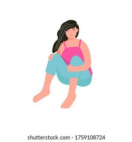 Ilustración vectorial plana de una niña sentada triste. El problema de las mujeres. Síndrome premenstrual. Tristeza. Día de la mujer