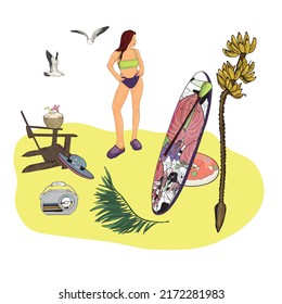 Vector flat illustration of a girl with a sup board. Summer set coconut, bananas, radio, sup, palm trees, hats as a designer blank, logo, emblem