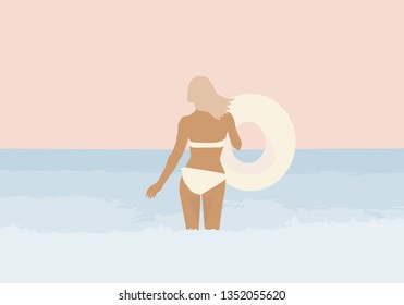 Vector flat illustration. Girl in a swimsuit with an inflatable ring on the sea background.