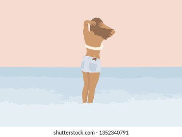 Vector flat illustration. Girl in a swimsuit and jean shorts on the sea background.