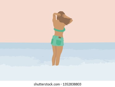 Vector flat illustration. Girl in a swimsuit and jean shorts on the sea background.