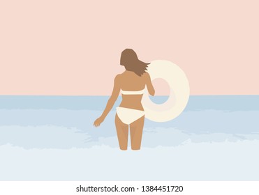 Vector flat illustration  Girl in a swimsuit with an inflatable ring on the sea background.