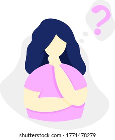 Vector flat illustration. Girl touches her chin, remembering something. Woman holds a hand on her face, thinks or solves a problem.