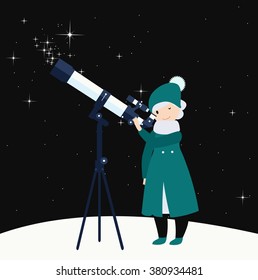 Vector flat illustration with girl watching through telescope on night star sky.