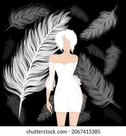  Vector flat illustration of a girl in a white dress. Design for posters, backgrounds, templates, textiles, backgrounds, postcards.