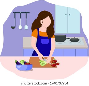 Vector flat illustration with a girl who cooks in the kitchen