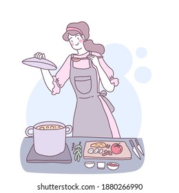 Vector flat illustration with a girl who cooks in the kitchen