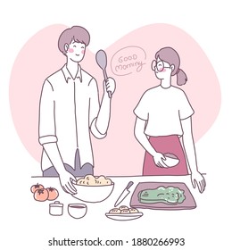 Vector flat illustration with a girl who cooks in the kitchen