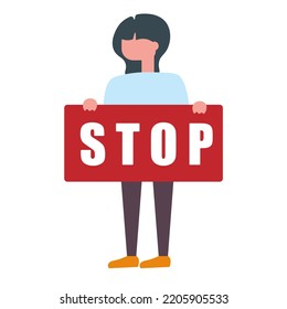 Vector flat illustration of girl woman hands holding red rectangle sign banner with message STOP for Stop doing smoking, stop child abuse, stop traffic sign, racist design for design graphic resource