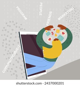 Vector flat illustration of girl, woman flying out of phone, social networking symbols, communication, gadgets, addiction, networking, email, letters, finance, economy, marketing.