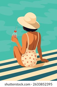 Vector flat illustration of a girl woman on vacation in a swimsuit with a cocktail drink by the pool. Summer vacation, relaxation, beach, sun. For tourism and travel projects