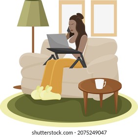 vector flat illustration girl working studying from sitting on a chair