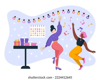 Vector, ilustración plana. Las chicas están bailando en la fiesta. Diversión, decoraciones, confeti.